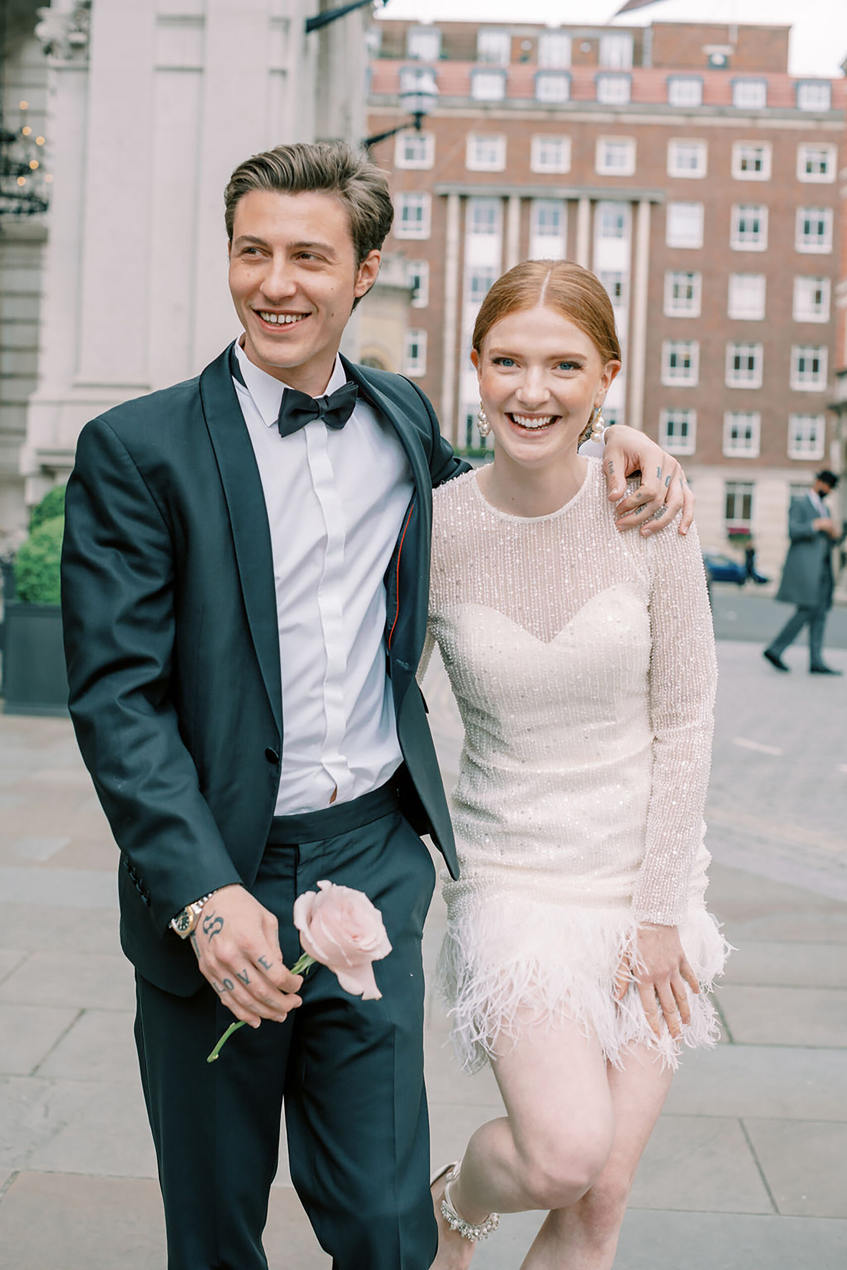 engaged couple walking